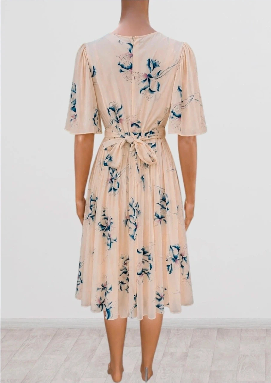 🌸 Robe mi-longue plissée crème à motifs floraux rétro – Taille XS  – Très bon état 🌸 – photo 2